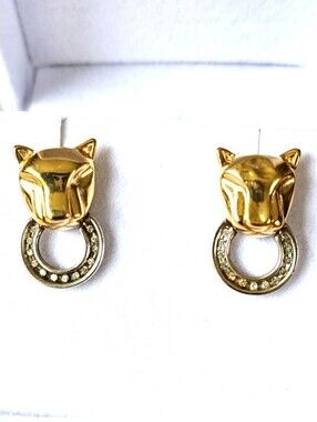 10k Gold Vintage Diamond Panther Doorknocker Pierced Earrings